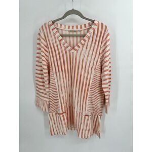 Soft Surroundings Rust White Striped V-Neck Tunic Top XL 3/4 Sleeve‎ Pockets